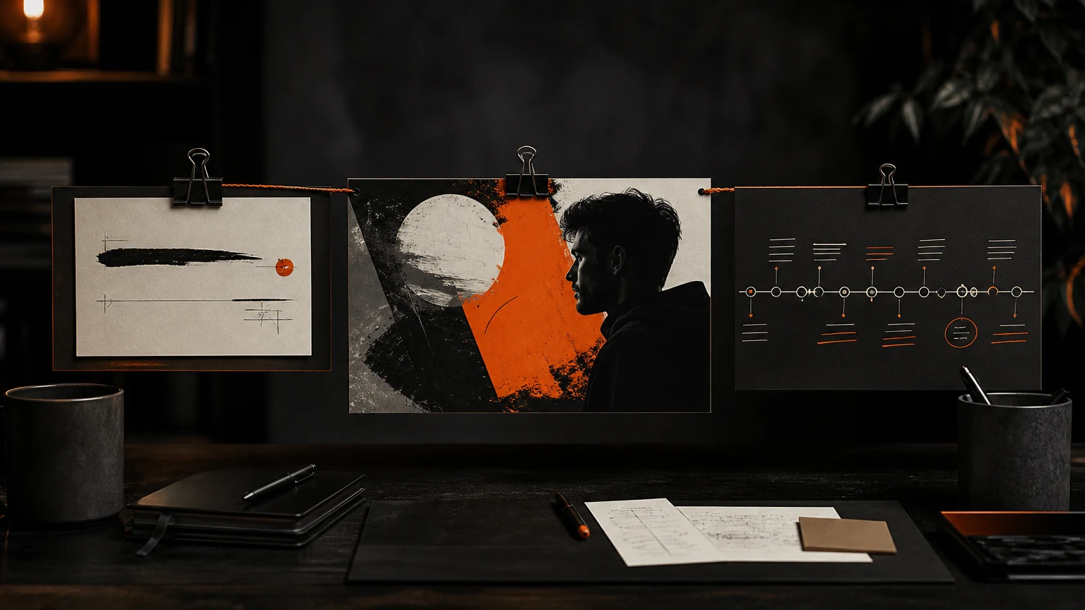 Title card, thumbnail concept, and chapter timeline arranged on a dark desk