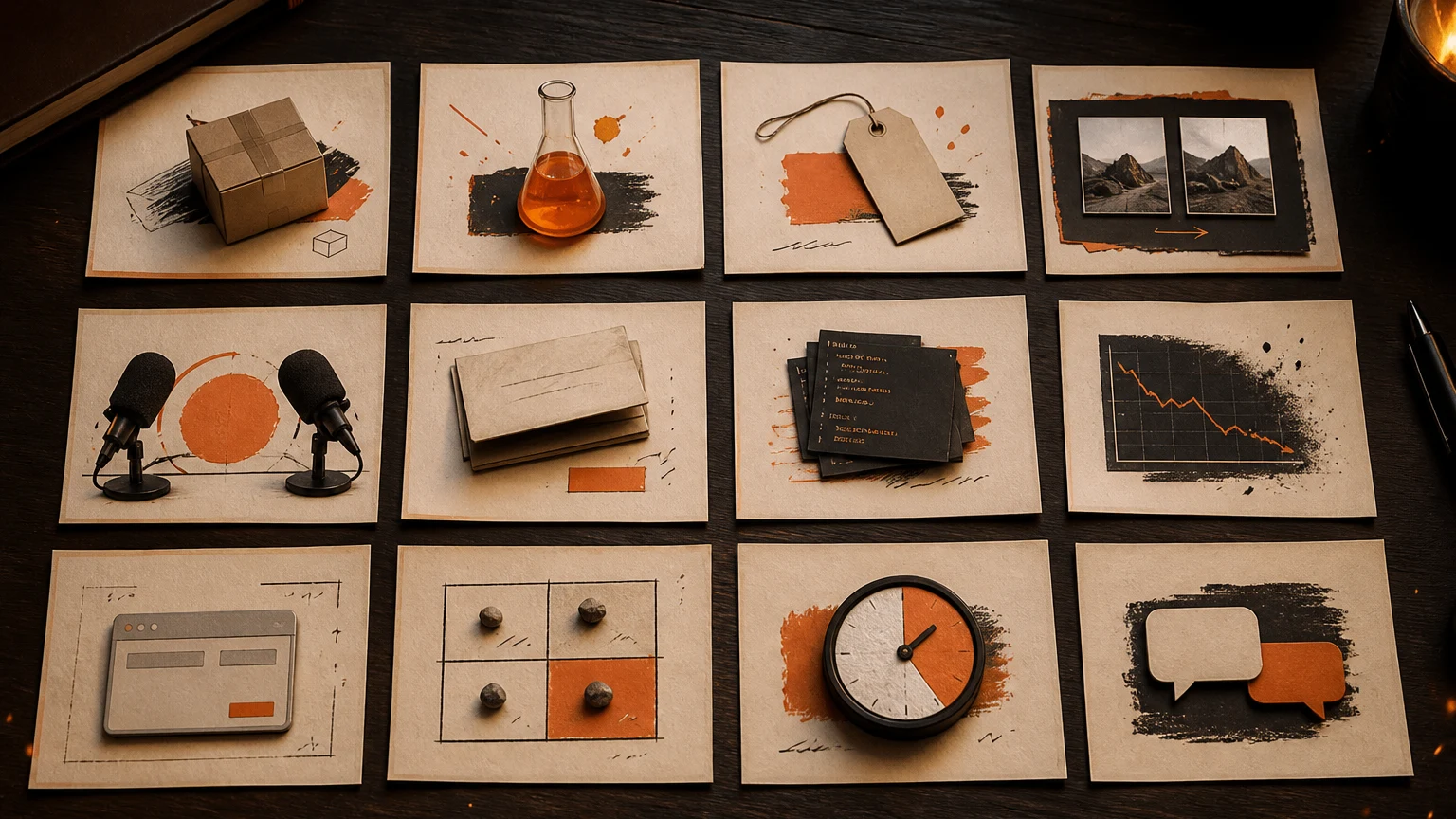 Twelve visual cards representing repeatable YouTube formats for indie hackers