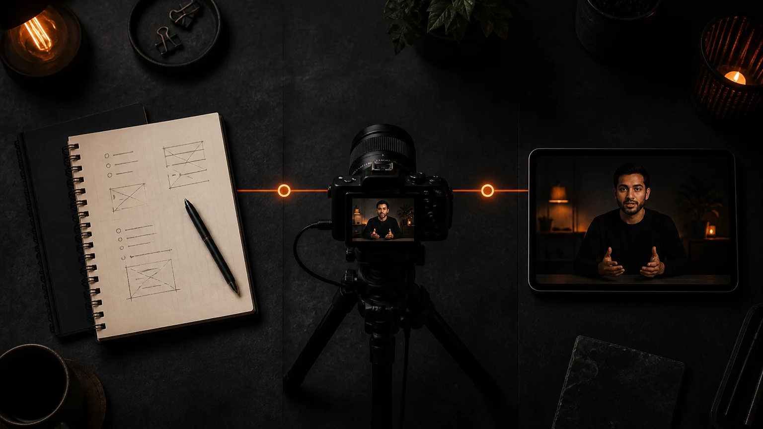Notebook, camera, and published video representing a weekly filming workflow