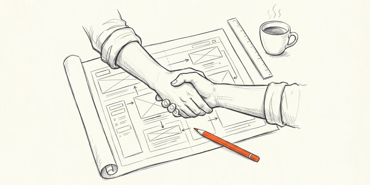 Pencil sketch of a handshake over website wireframe blueprints, with an orange pencil.