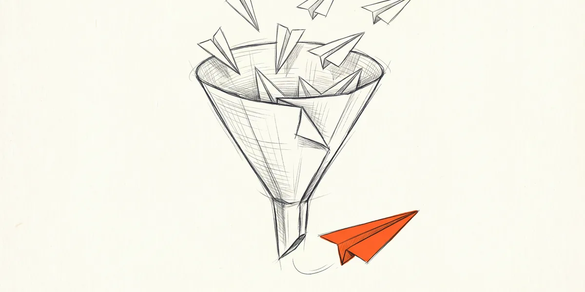 Pencil sketch of paper planes funnelling into a cone, with one orange plane coming out the bottom.