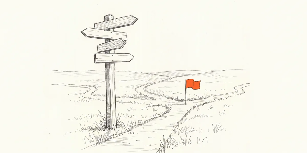 Pencil sketch of a wooden signpost by a winding path leading to an orange flag.