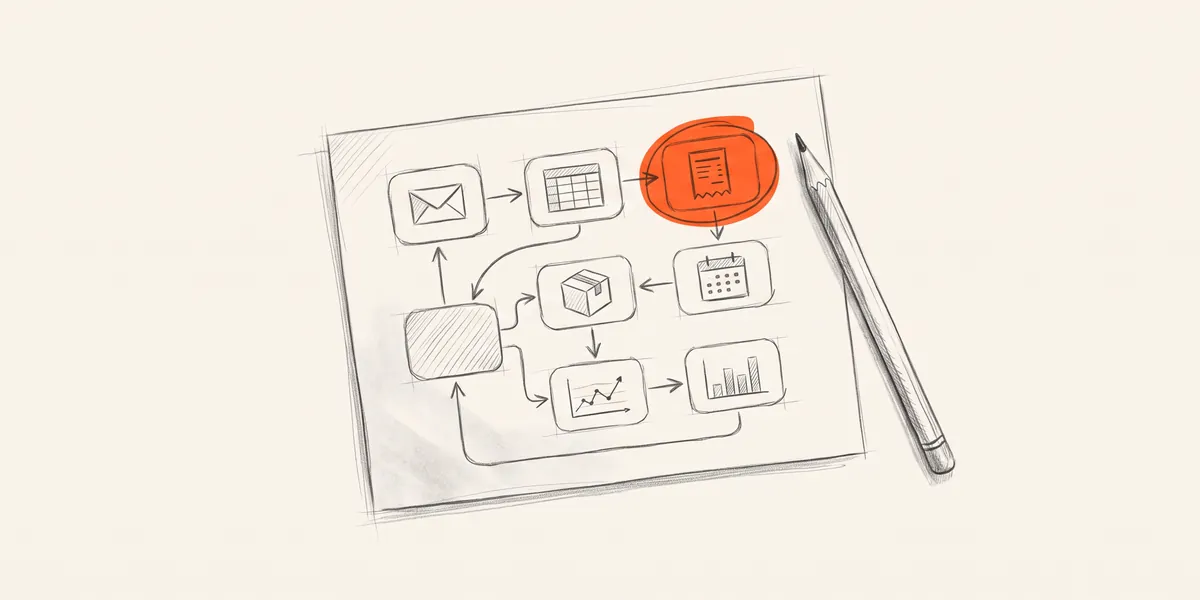 Pencil sketch of a small business workflow map on paper, with one step circled in orange as the first to automate.